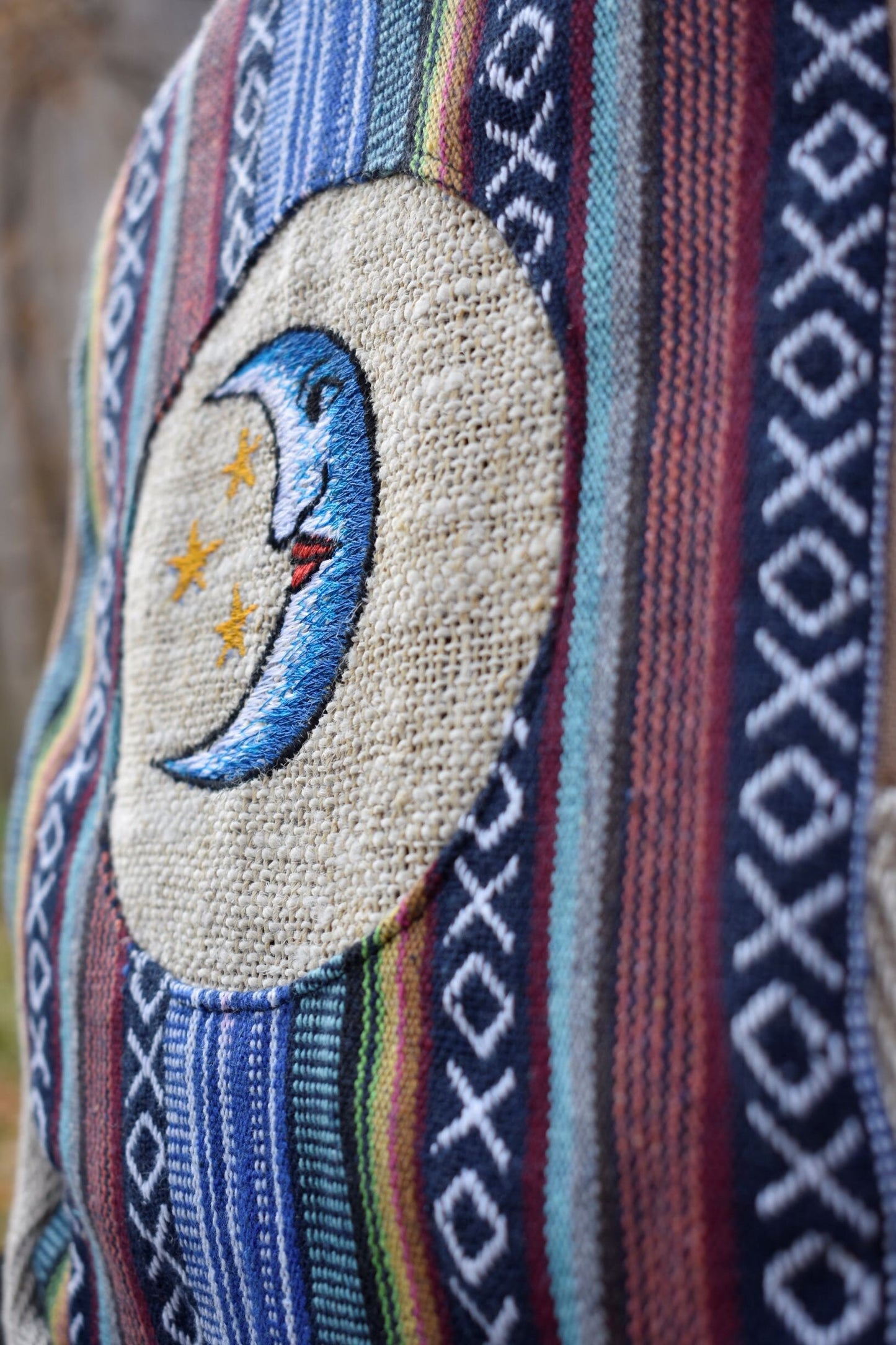 Namaste Blue with blue embroidery Fashionable Unisex Multicolor Natural Gheri with Handmade Organic Vegan Eco-Friendly Backpack.