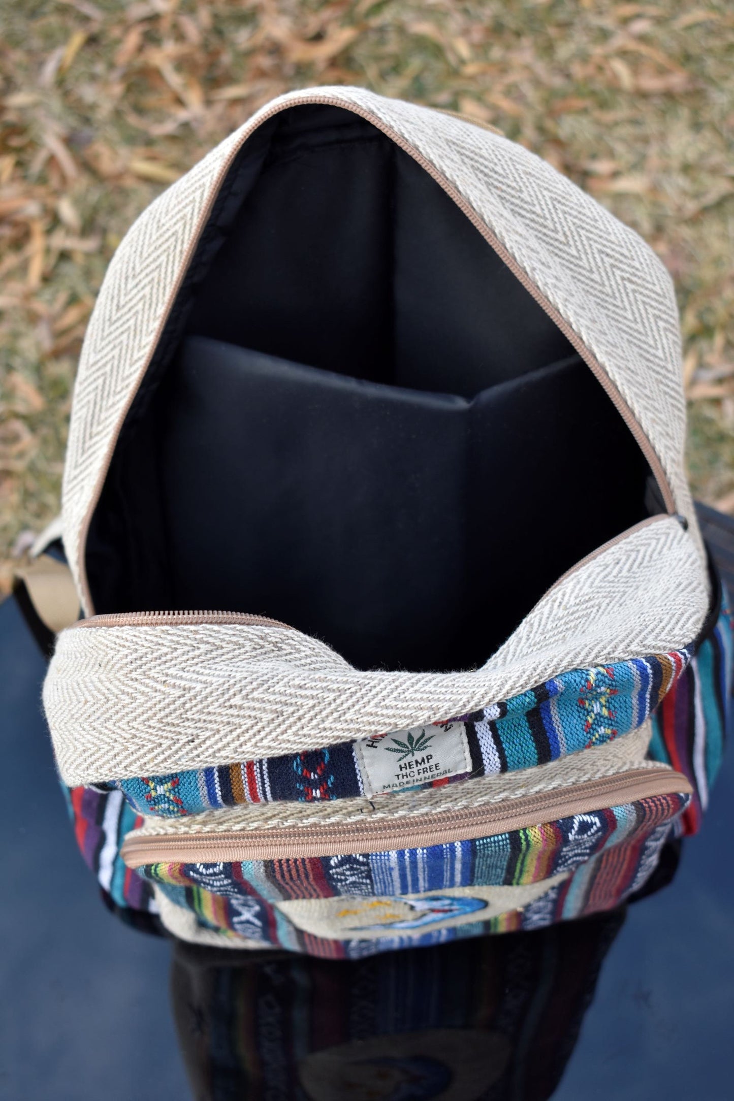 Namaste Blue with blue embroidery Fashionable Unisex Multicolor Natural Gheri with Handmade Organic Vegan Eco-Friendly Backpack.