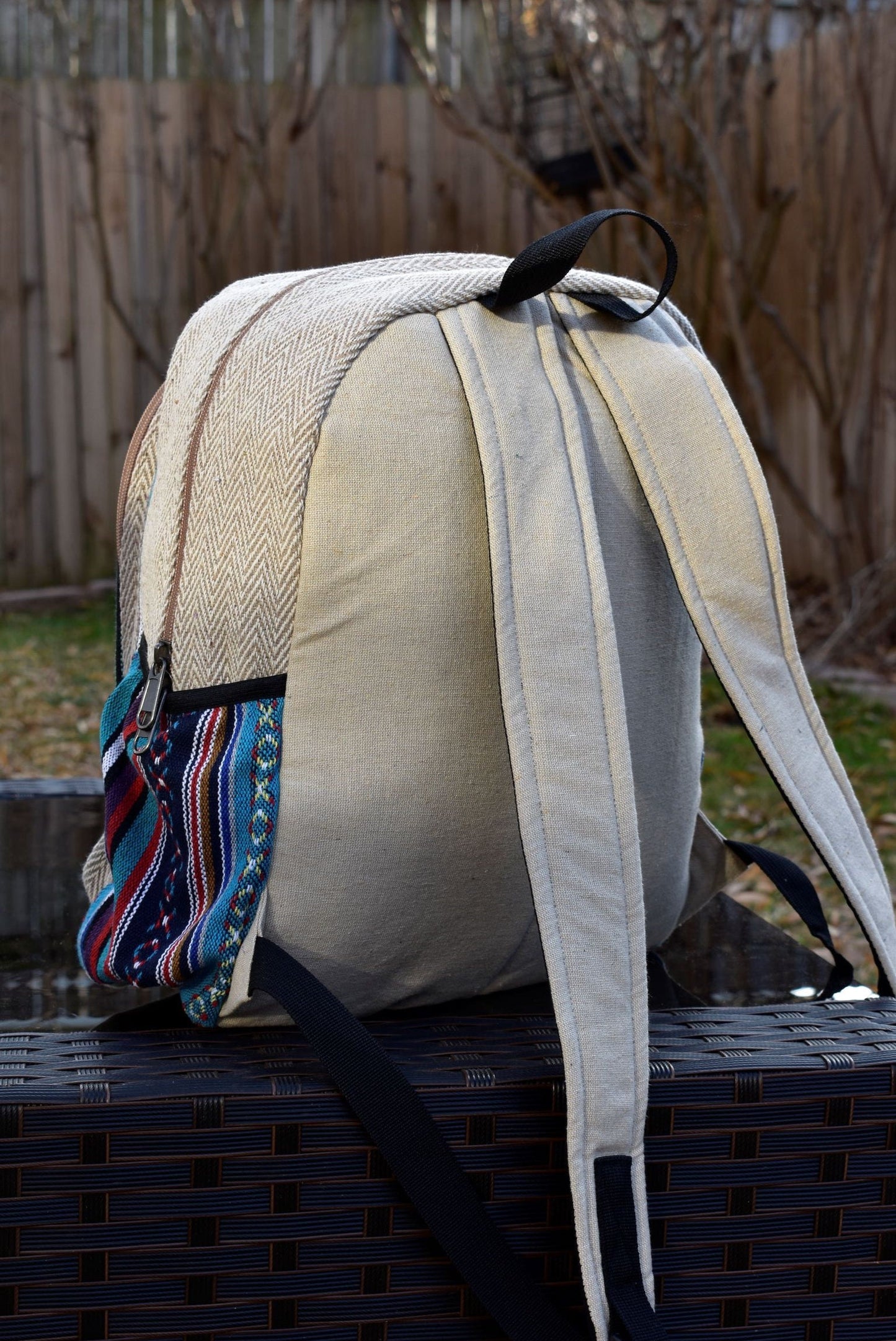 Namaste Blue with blue embroidery Fashionable Unisex Multicolor Natural Gheri with Handmade Organic Vegan Eco-Friendly Backpack.