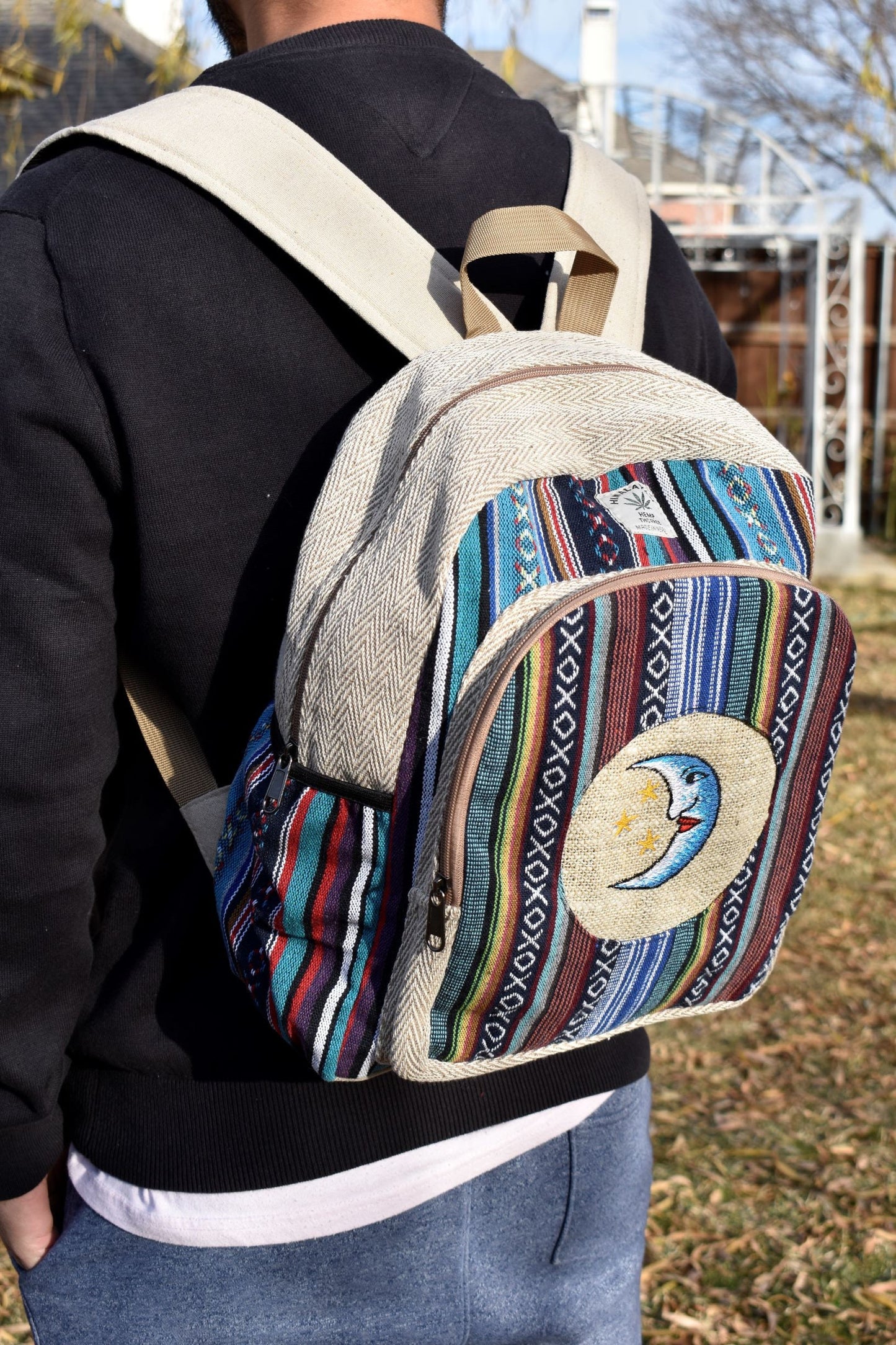 Namaste Blue with blue embroidery Fashionable Unisex Multicolor Natural Gheri with Handmade Organic Vegan Eco-Friendly Backpack.