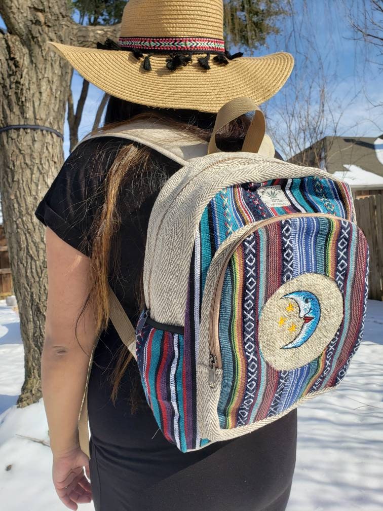 Namaste Blue with blue embroidery Fashionable Unisex Multicolor Natural Gheri with Handmade Organic Vegan Eco-Friendly Backpack.