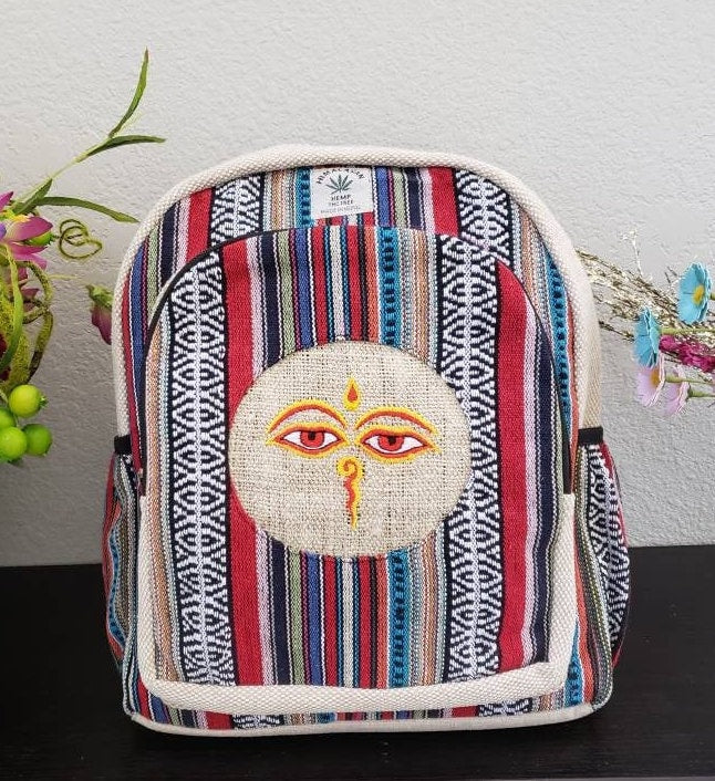 Namaste Colorful Buddha Bless Eye Embroidery Natural Unisex Handmade Organic Eco Friendly Backpack