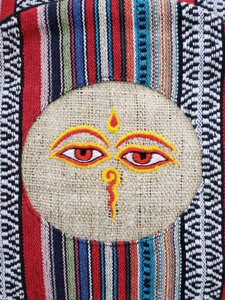 Namaste Colorful Buddha Bless Eye Embroidery Natural Unisex Handmade Organic Eco Friendly Backpack