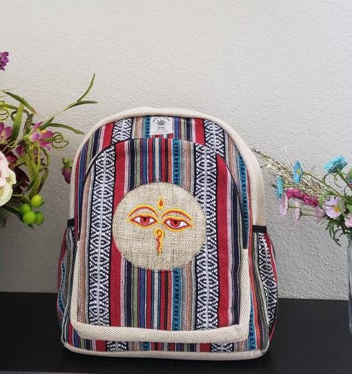 Namaste Colorful Buddha Bless Eye Embroidery Natural Unisex Handmade Organic Eco Friendly Backpack