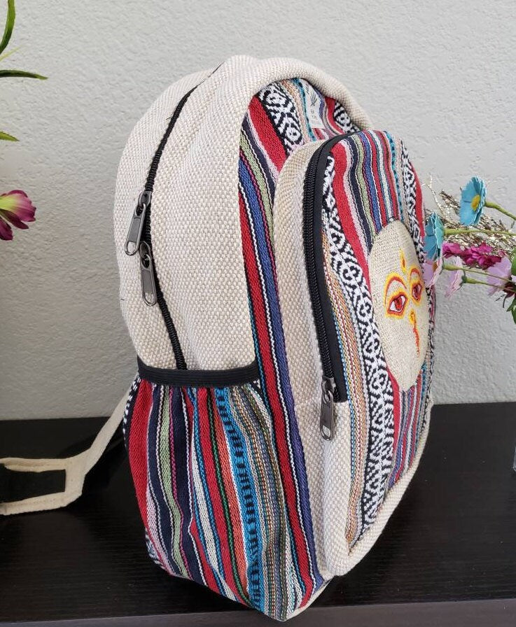 Namaste Colorful Buddha Bless Eye Embroidery Natural Unisex Handmade Organic Eco Friendly Backpack