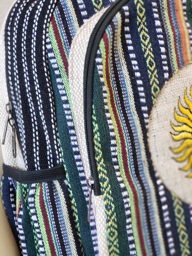 Namaste Colorful Sun Embroidery Natural Unisex Handmade Organic Eco Friendly Backpack