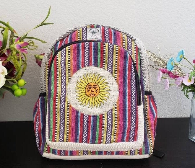Namaste Colorful Sun Embroidery Natural Unisex Handmade Organic Eco Friendly Backpack
