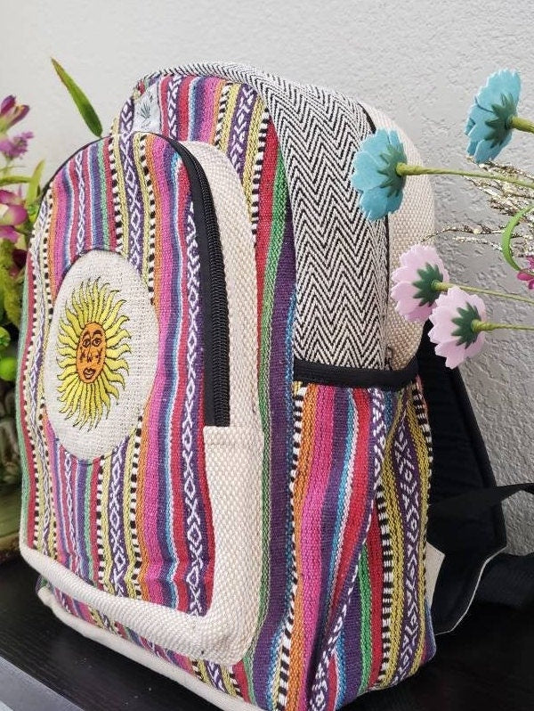 Namaste Colorful Sun Embroidery Natural Unisex Handmade Organic Eco Friendly Backpack