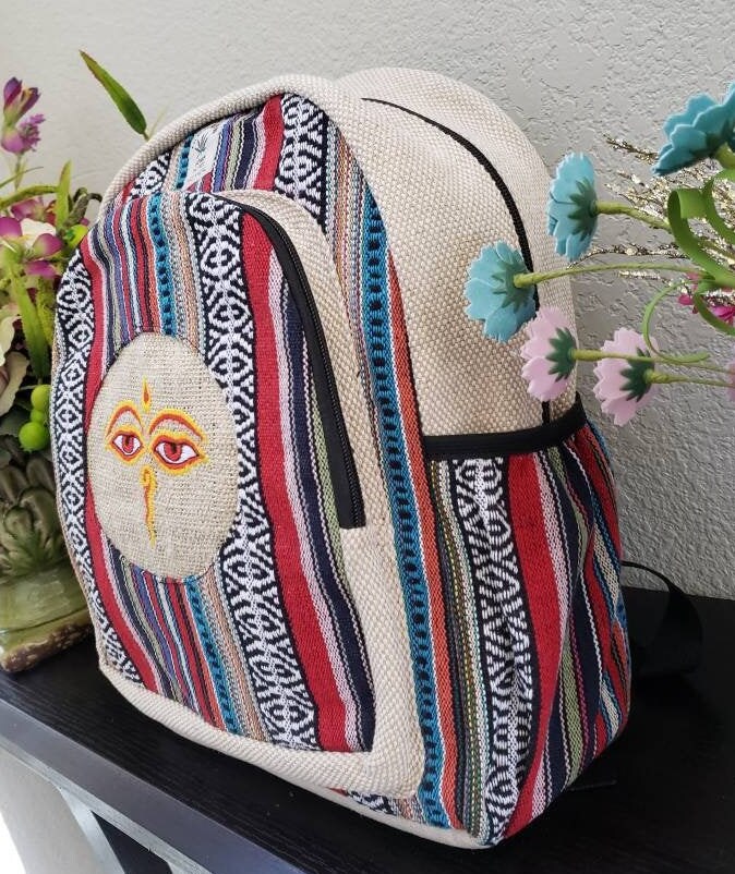 Namaste Colorful Buddha Bless Eye Embroidery Natural Unisex Handmade Organic Eco Friendly Backpack