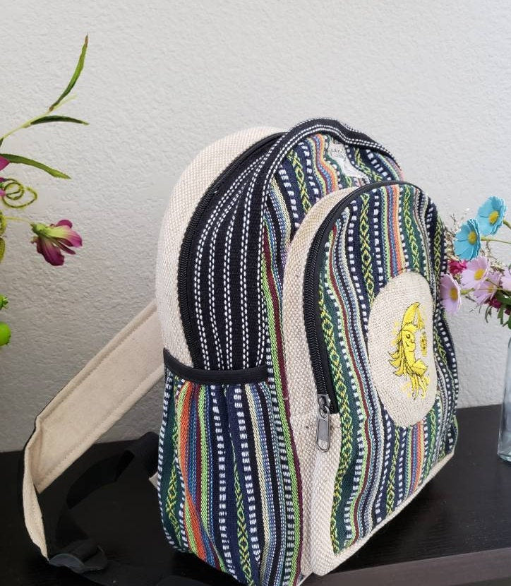 Namaste Colorful Sun Moon Embroidery Natural Unisex Handmade Organic Eco Friendly Backpack