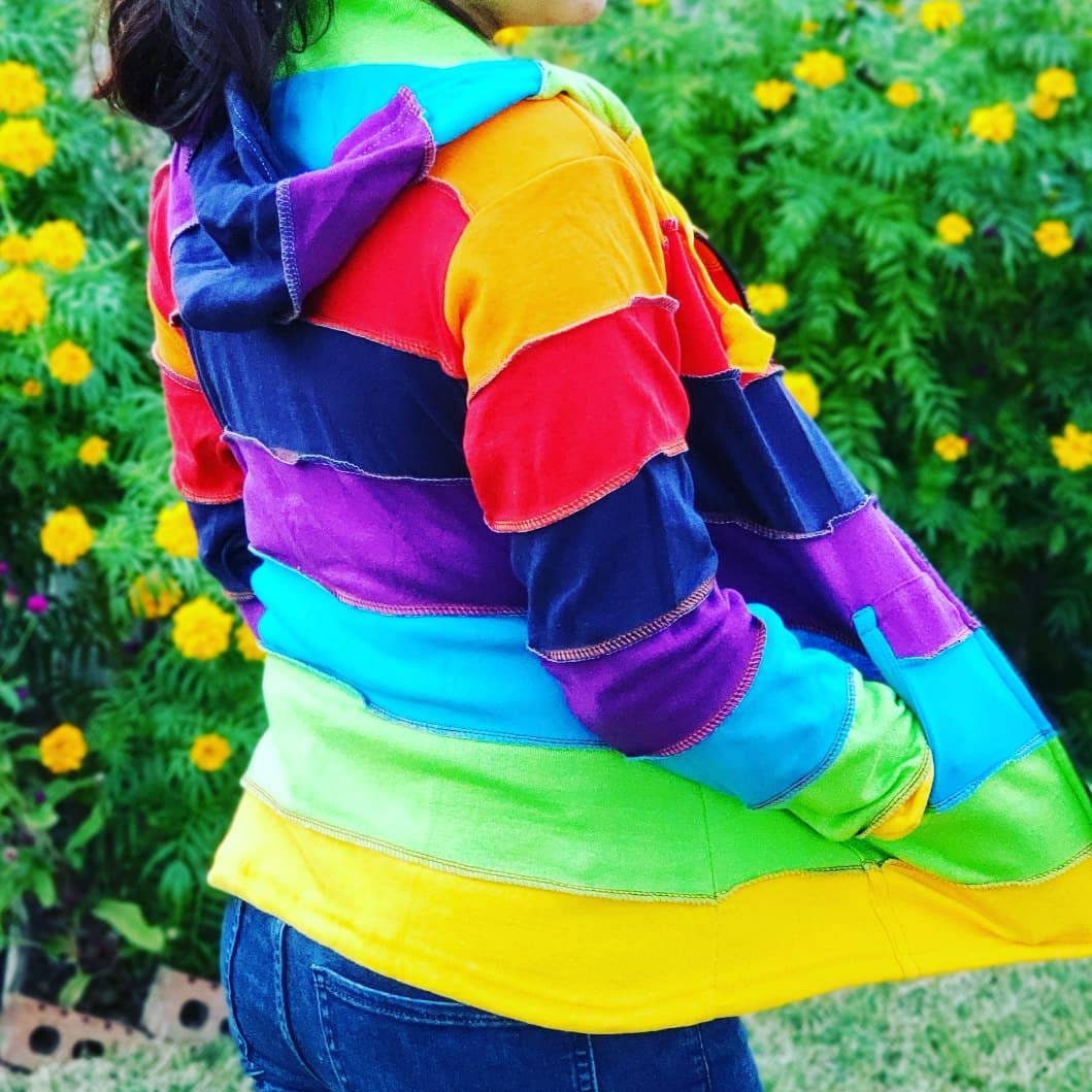 Namaste Printed Women's Fashionable Multicolor Stripped Rainbow Hippie Cotton Hoodie Handmade Jacket