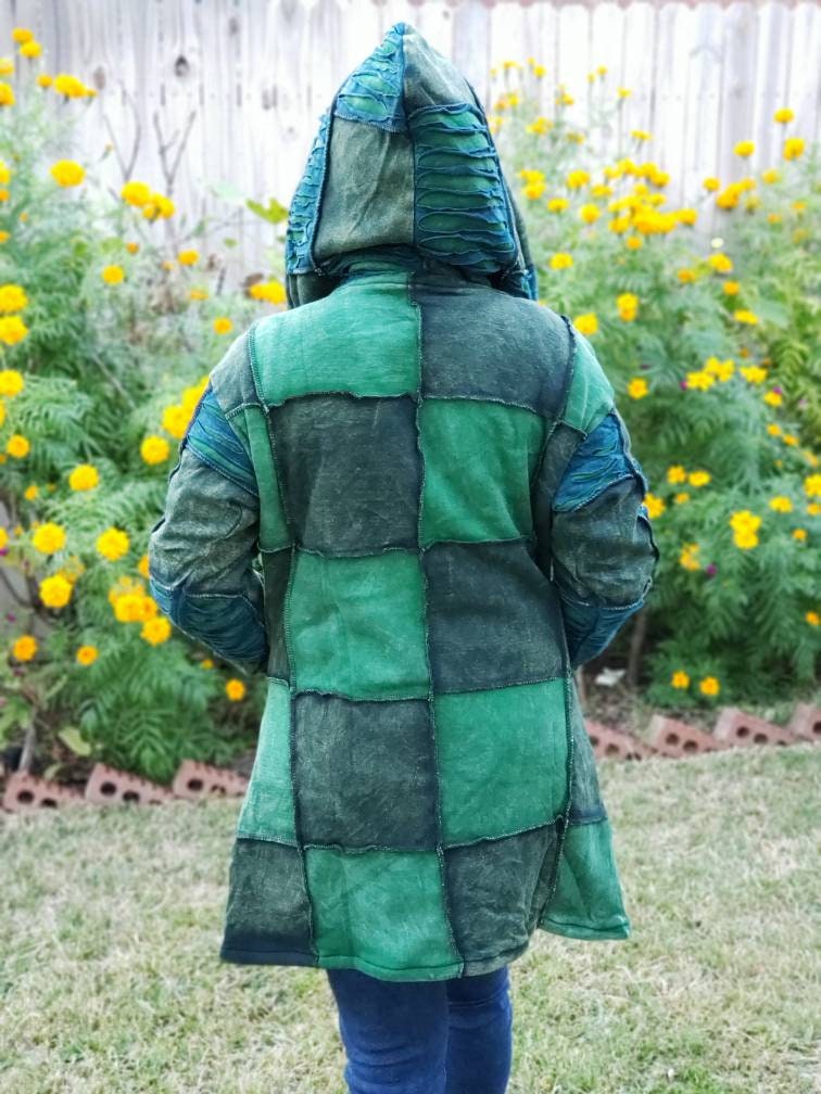 Namaste Handmade Women's Solid Green and Blue Cutting Themed Flower Stonewashed Fleece lined and non-fleece lined Long Hippie Cotton Jacket.