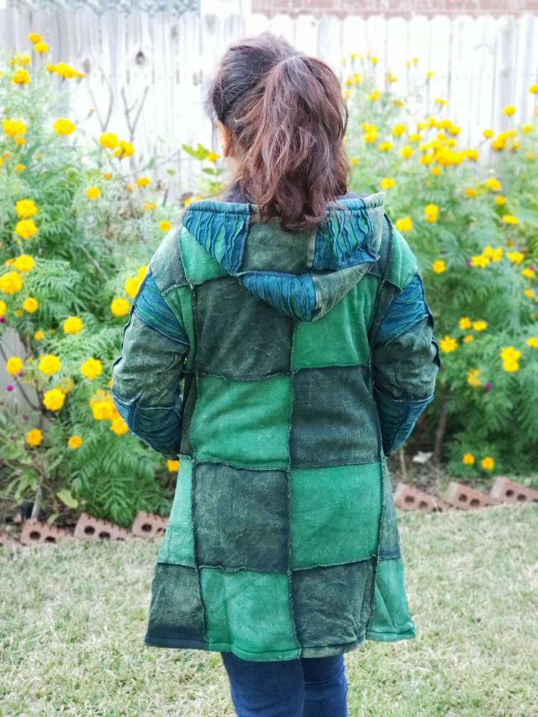 Namaste Handmade Women's Solid Green and Blue Cutting Themed Flower Stonewashed Fleece lined and non-fleece lined Long Hippie Cotton Jacket.