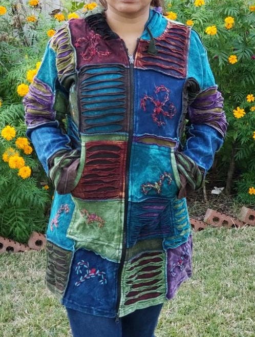 Namaste Printed Women's Fashionable Cutting Design Multicolor Hippie Cotton Hoodie Handmade Jacket