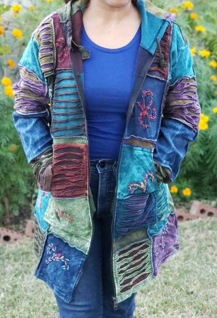 Namaste Printed Women's Fashionable Cutting Design Multicolor Hippie Cotton Hoodie Handmade Jacket