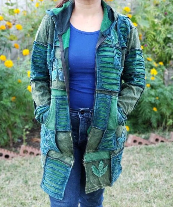 Namaste Handmade Women's Solid Green and Blue Cutting Themed Flower Stonewashed Fleece lined and non-fleece lined Long Hippie Cotton Jacket.