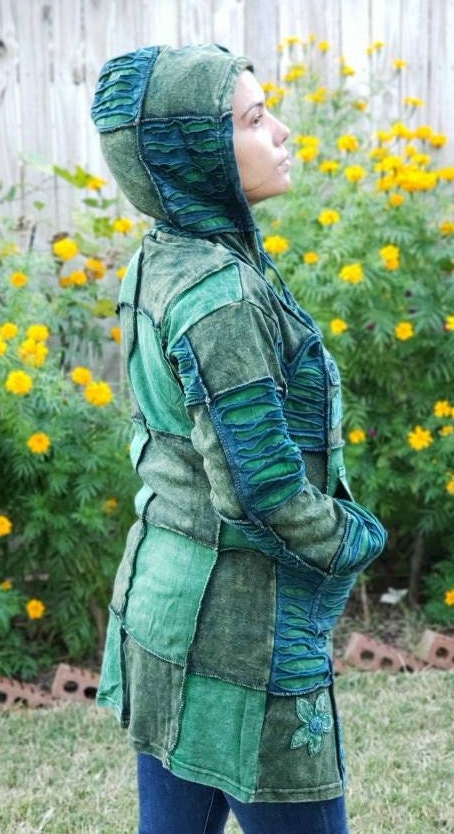 Namaste Handmade Women's Solid Green and Blue Cutting Themed Flower Stonewashed Fleece lined and non-fleece lined Long Hippie Cotton Jacket.