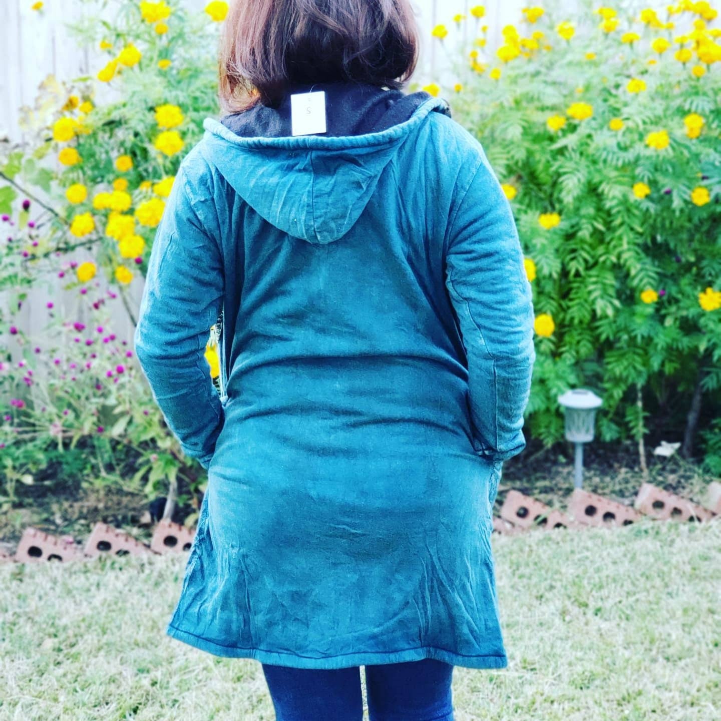 Namaste Handmade Women's Solid Green and Blue Cutting Themed Flower Stonewashed Fleece lined and non-fleece lined Long Hippie Cotton Jacket.