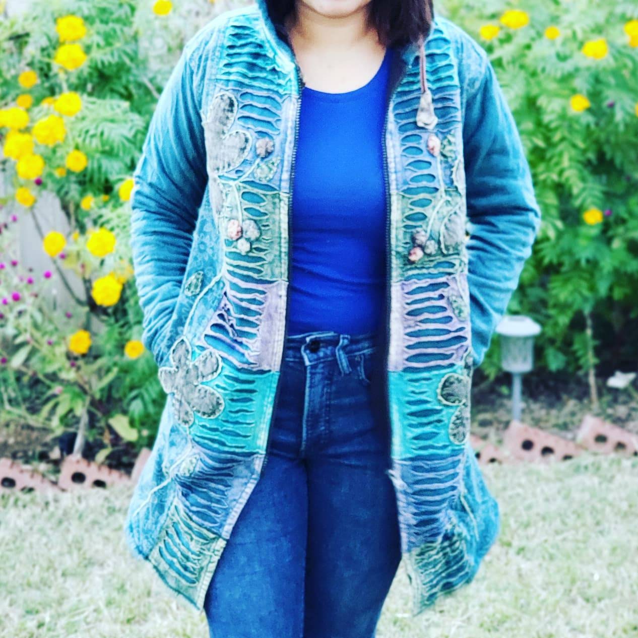 Namaste Handmade Women's Solid Green and Blue Cutting Themed Flower Stonewashed Fleece lined and non-fleece lined Long Hippie Cotton Jacket.