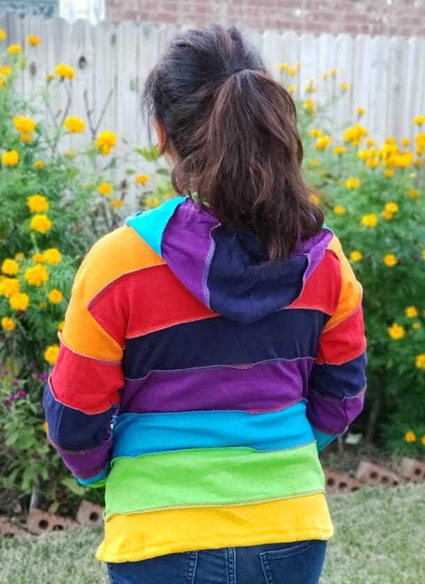 Namaste Printed Women's Fashionable Multicolor Stripped Rainbow Hippie Cotton Hoodie Handmade Jacket
