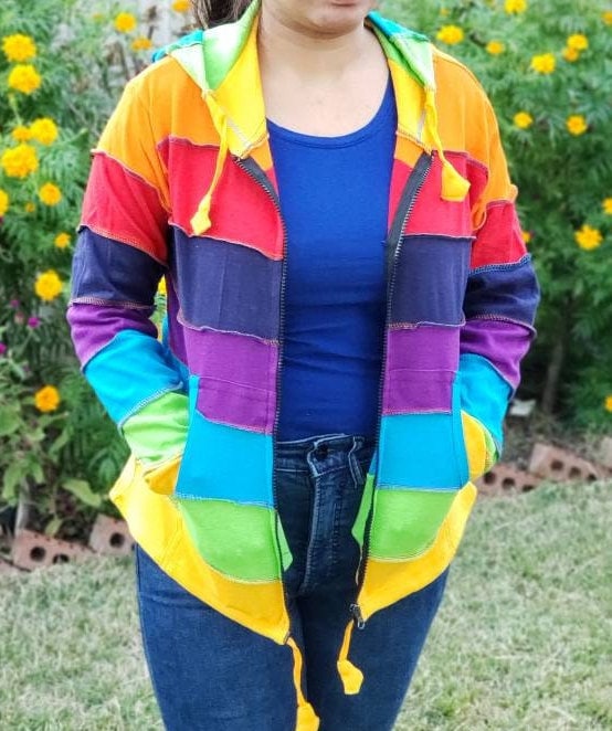 Namaste Printed Women's Fashionable Multicolor Stripped Rainbow Hippie Cotton Hoodie Handmade Jacket
