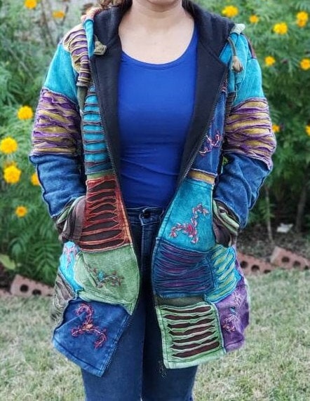 Namaste Printed Women's Fashionable Cutting Design Multicolor Hippie Cotton Hoodie Handmade Jacket
