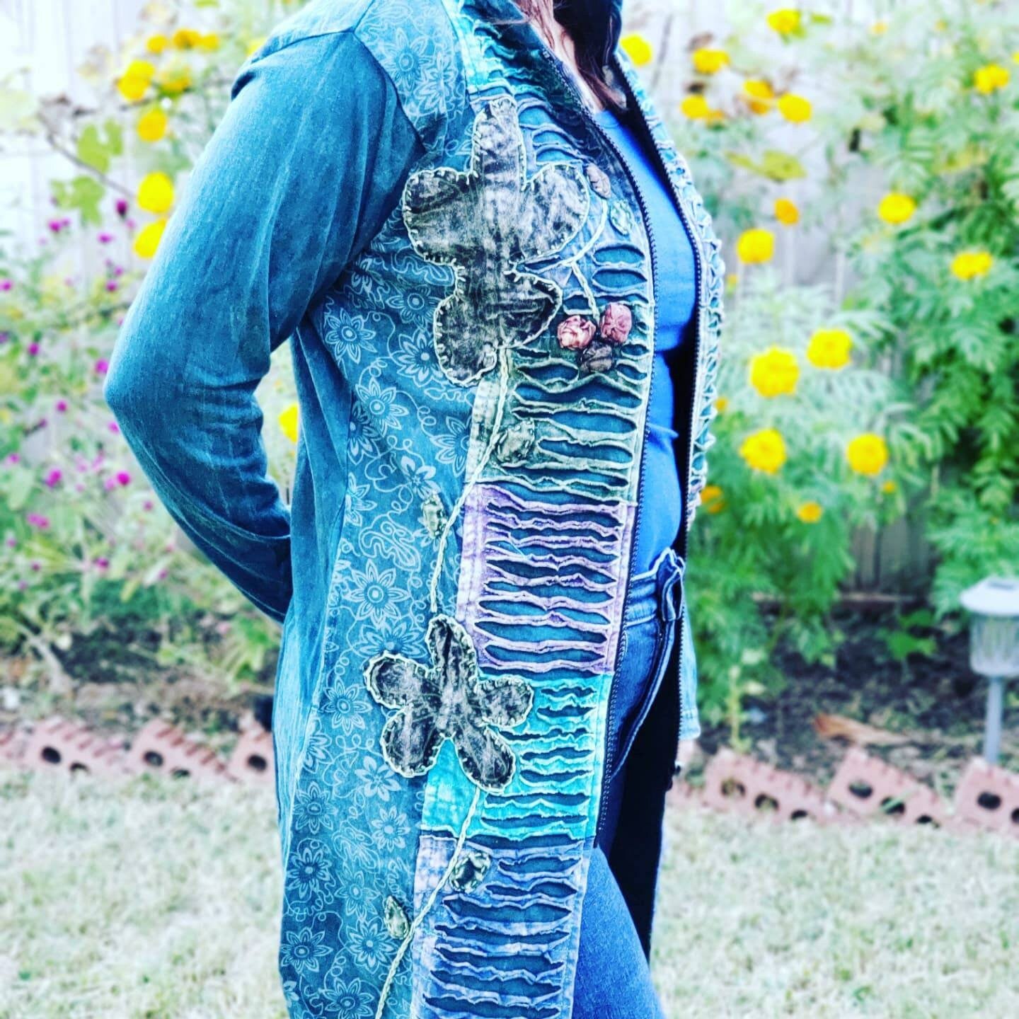 Namaste Handmade Women's Solid Green and Blue Cutting Themed Flower Stonewashed Fleece lined and non-fleece lined Long Hippie Cotton Jacket.