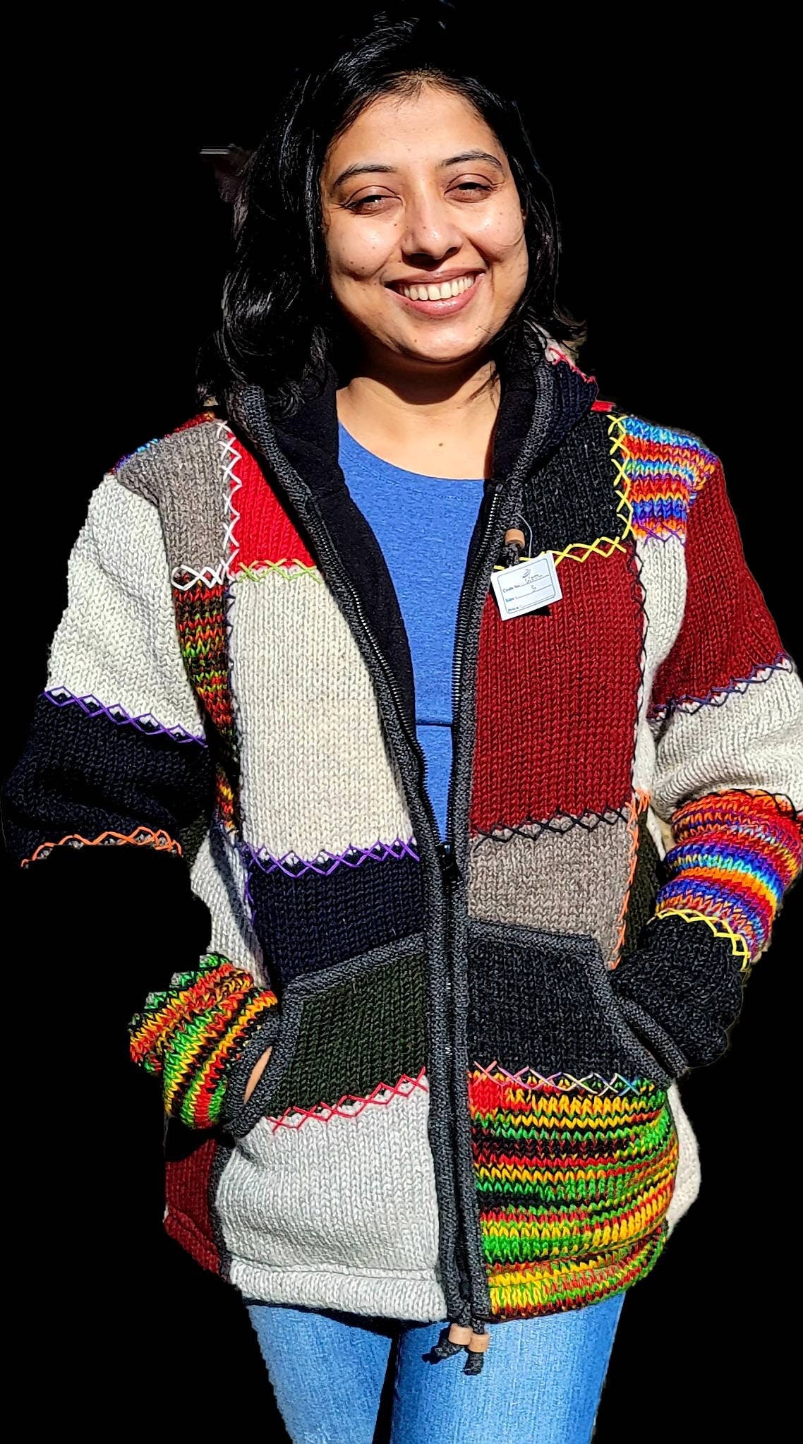 Namaste Handmade Fleece Lined Winter Unisex Thick Natural Patch and Colorful Patch Vibrant Warm Pure Woolen Double Layered Jacket.