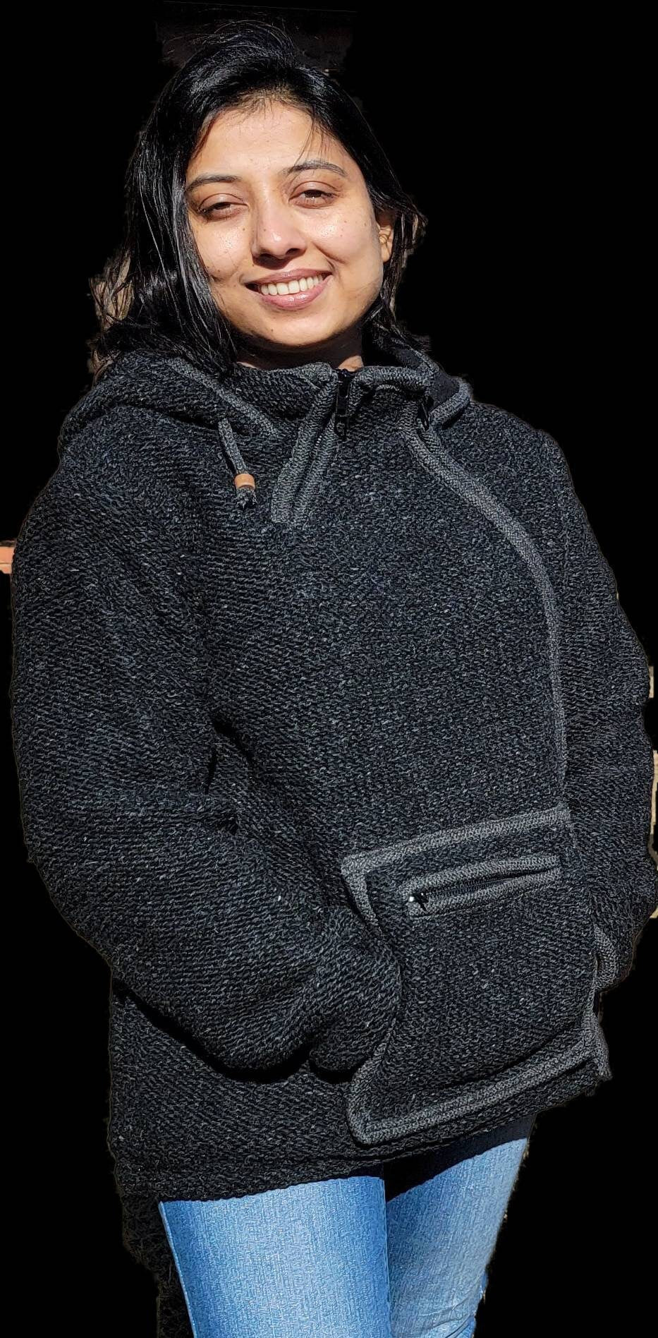 Namaste Handmade Kangaroo Pocket Fleece Lined Winter Unisex Thick Charcoal Natural Warm Pure Woolen Double Layered Jacket.