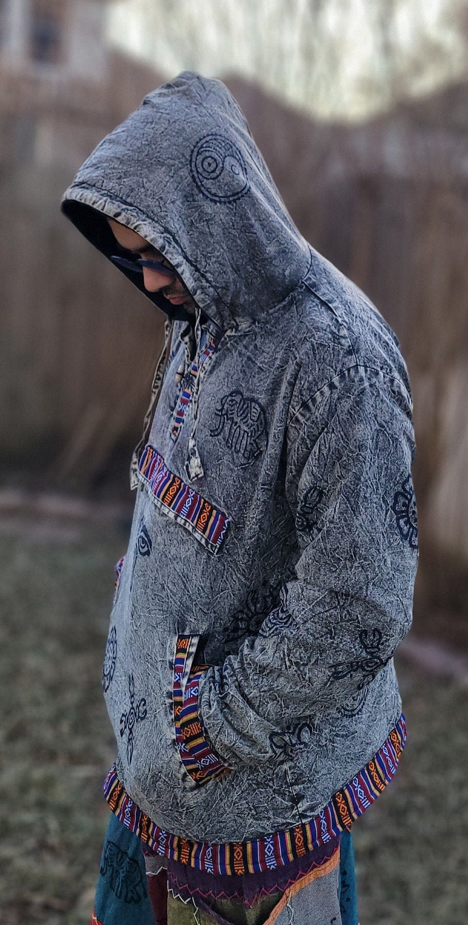 Namaste Hippie Unisex Multicolored Stonewashed Printed Nepalese Art Fleece lined Pullover Limited Edition Handmade Authentic Warm Pullover