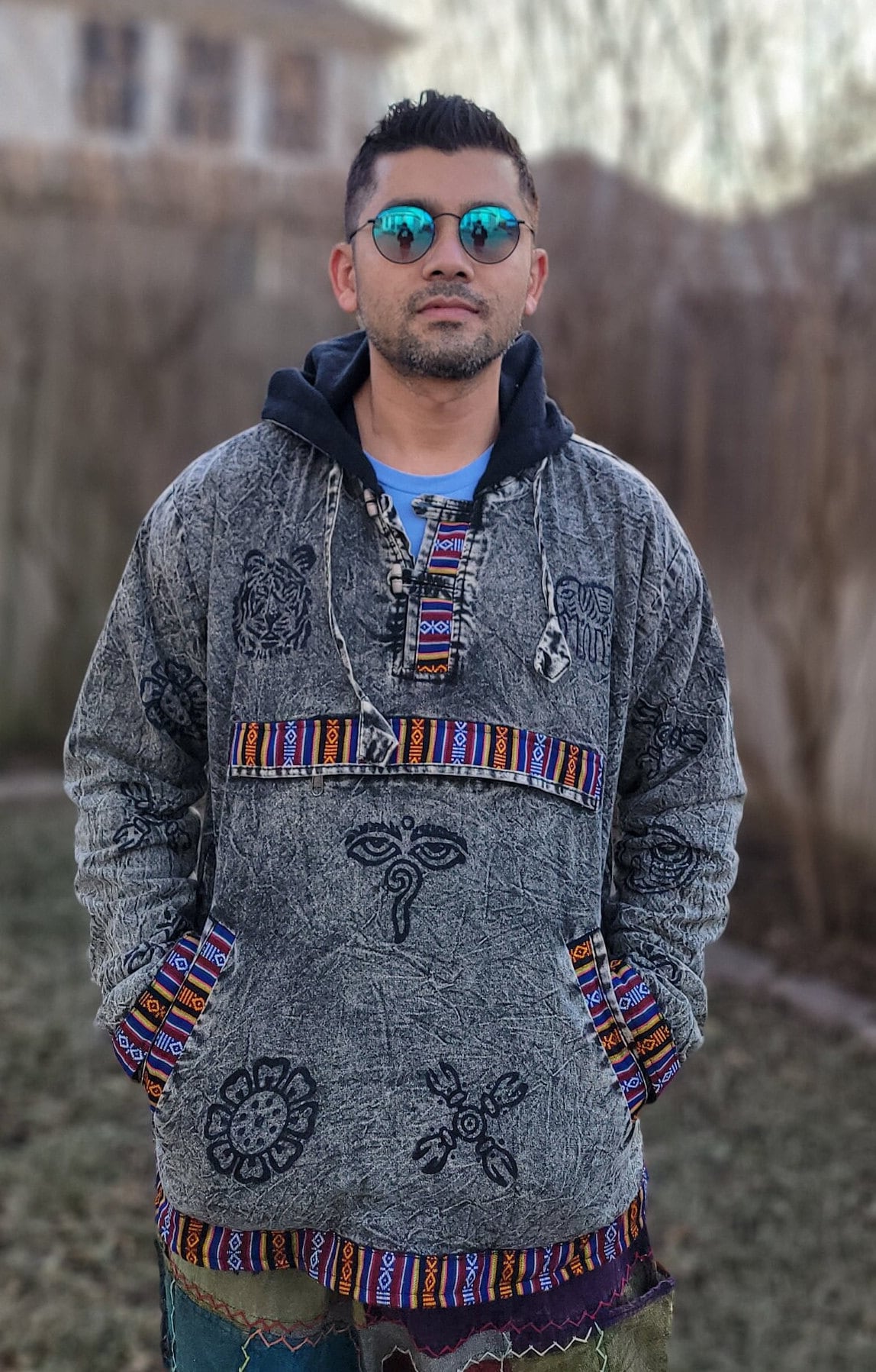 Namaste Hippie Unisex Multicolored Stonewashed Printed Nepalese Art Fleece lined Pullover Limited Edition Handmade Authentic Warm Pullover