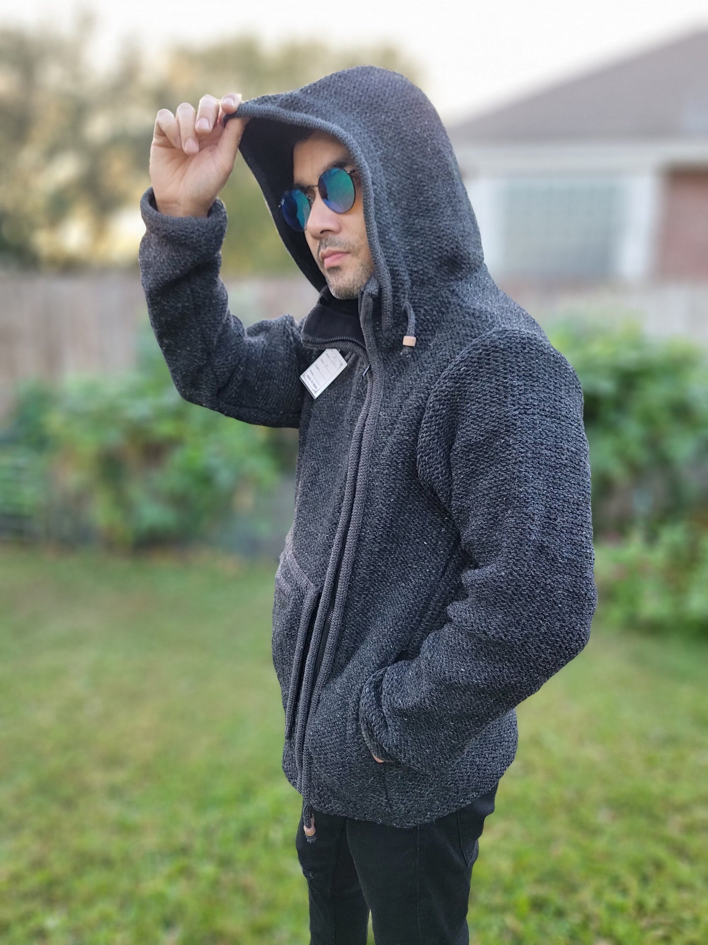 Namaste Handmade Kangaroo Pocket Fleece Lined Winter Unisex Thick Charcoal Natural Warm Pure Woolen Double Layered Jacket.