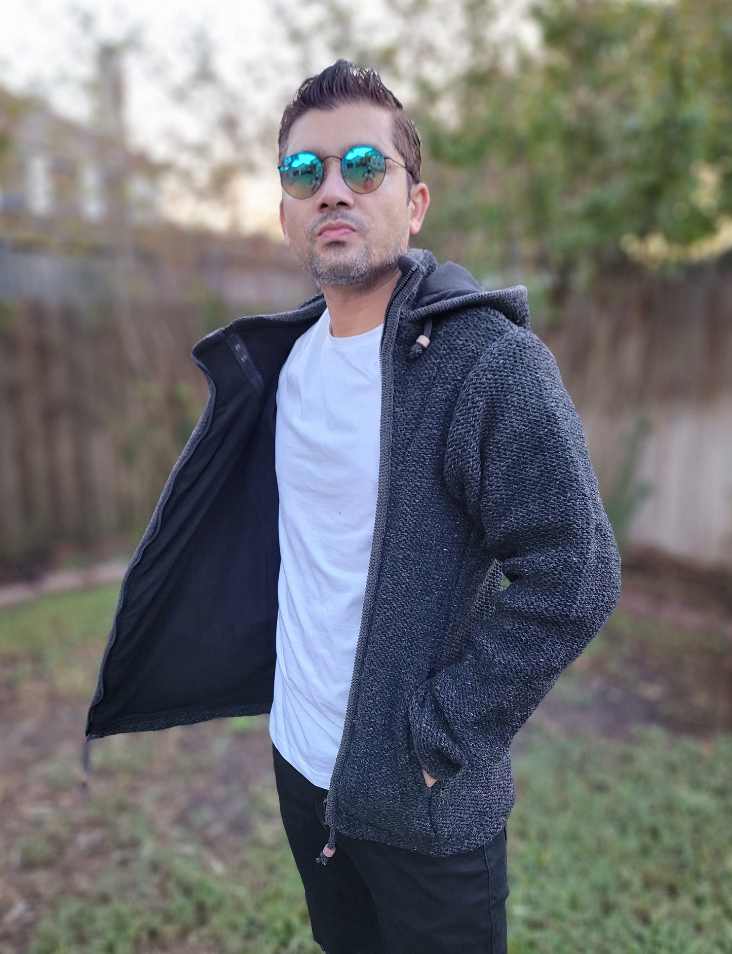 Namaste Handmade Kangaroo Pocket Fleece Lined Winter Unisex Thick Charcoal Natural Warm Pure Woolen Double Layered Jacket.