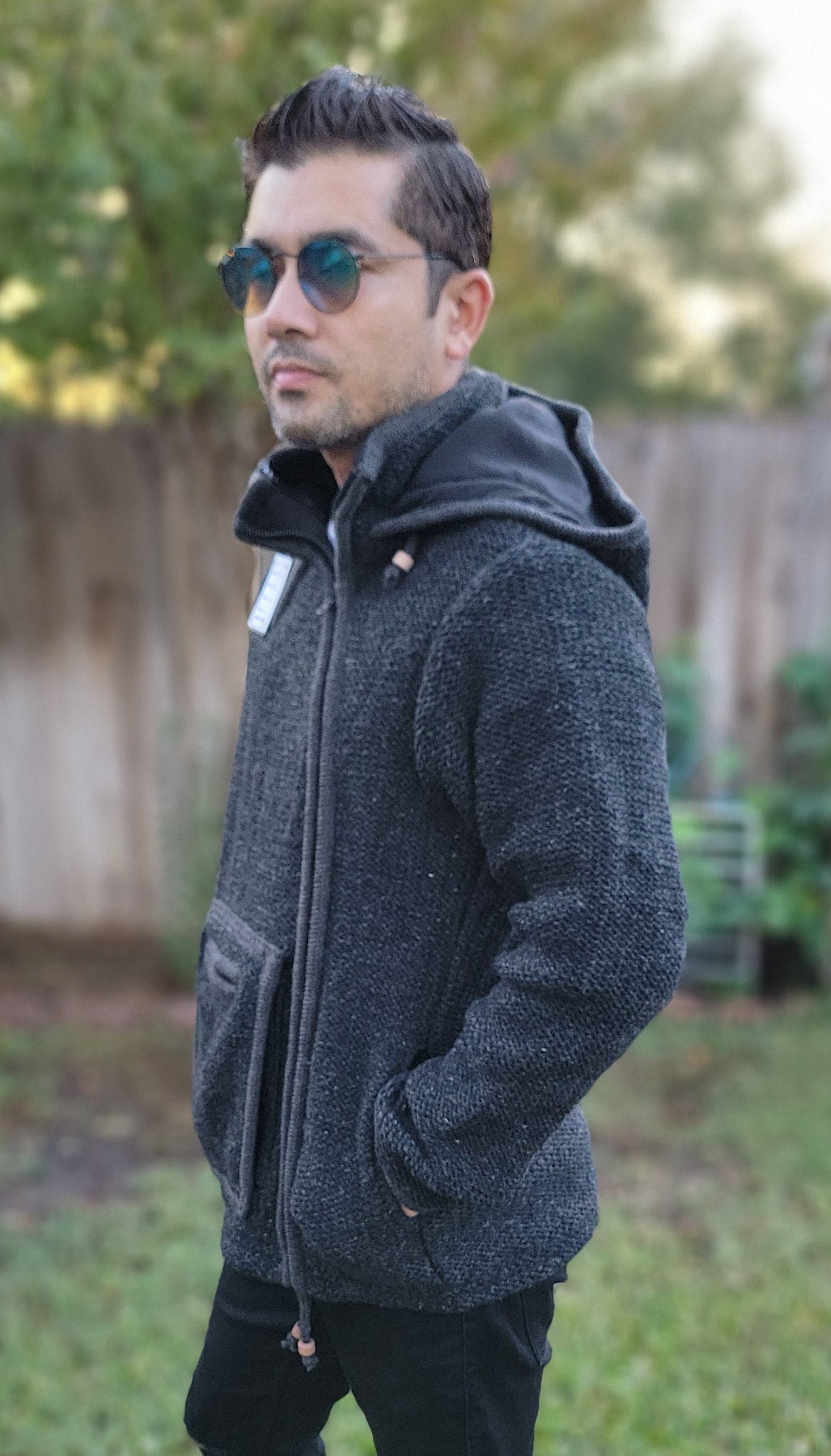 Namaste Handmade Kangaroo Pocket Fleece Lined Winter Unisex Thick Charcoal Natural Warm Pure Woolen Double Layered Jacket.