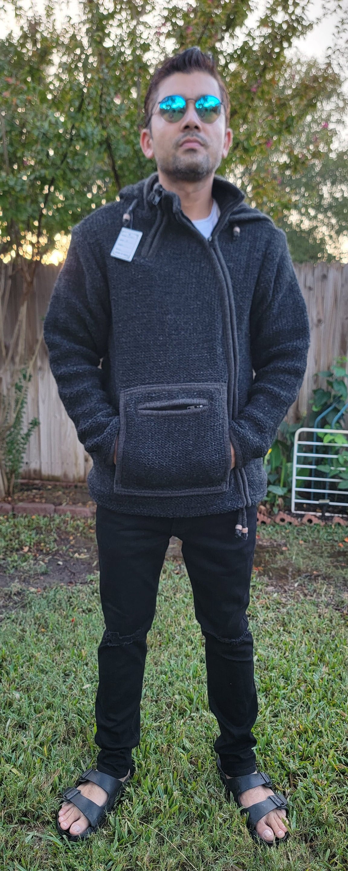 Namaste Handmade Kangaroo Pocket Fleece Lined Winter Unisex Thick Charcoal Natural Warm Pure Woolen Double Layered Jacket.