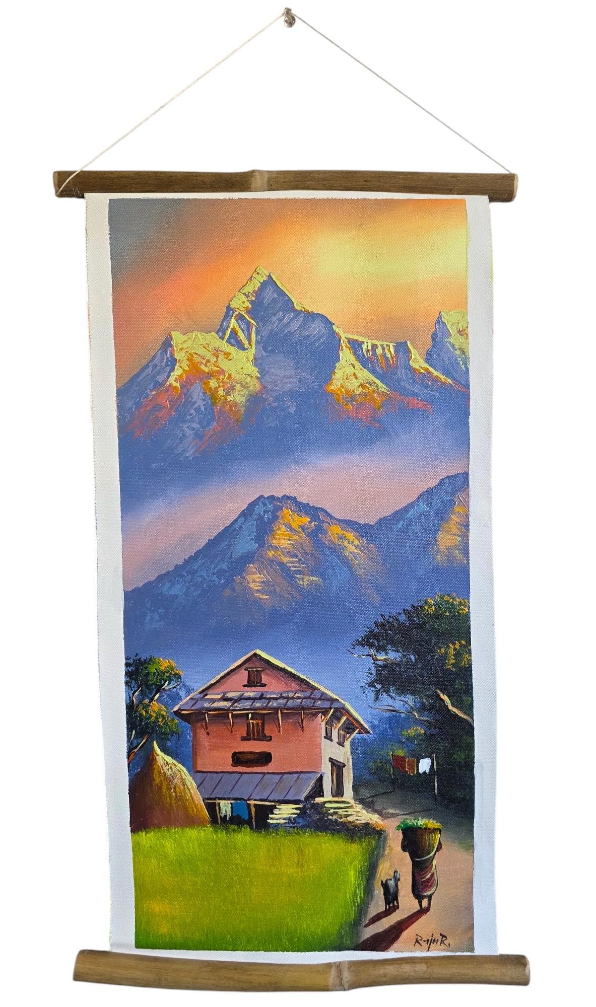 Namaste Handmade Mountain Nepalese Village Authentic Hand-Painted Acrylic Wall hanging Artwork