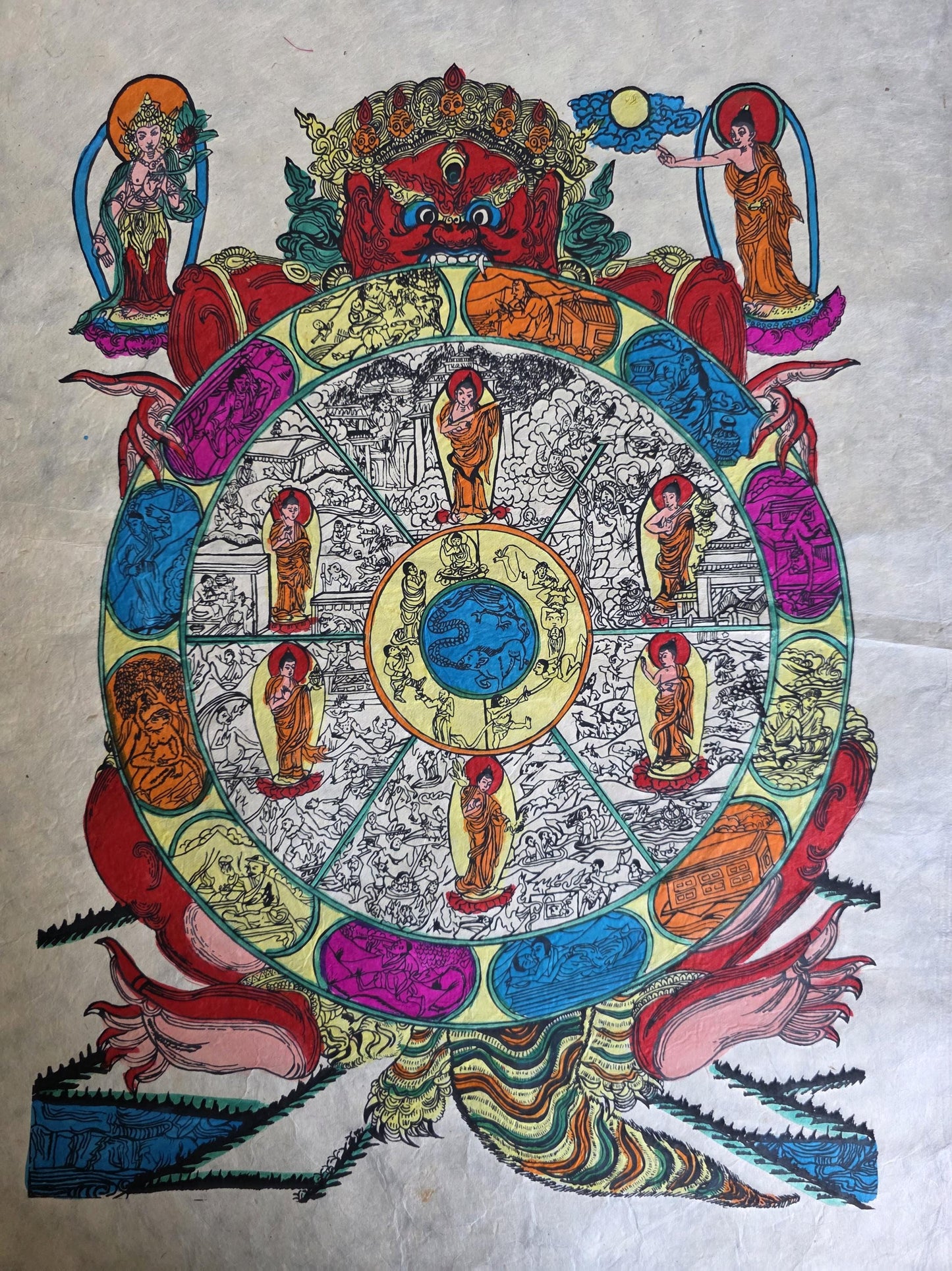 Lokta Prints of Sakyamuni Buddha, Wheels of Life, Kala Chakra, Mandala Art work Wall Hanging Crafts
