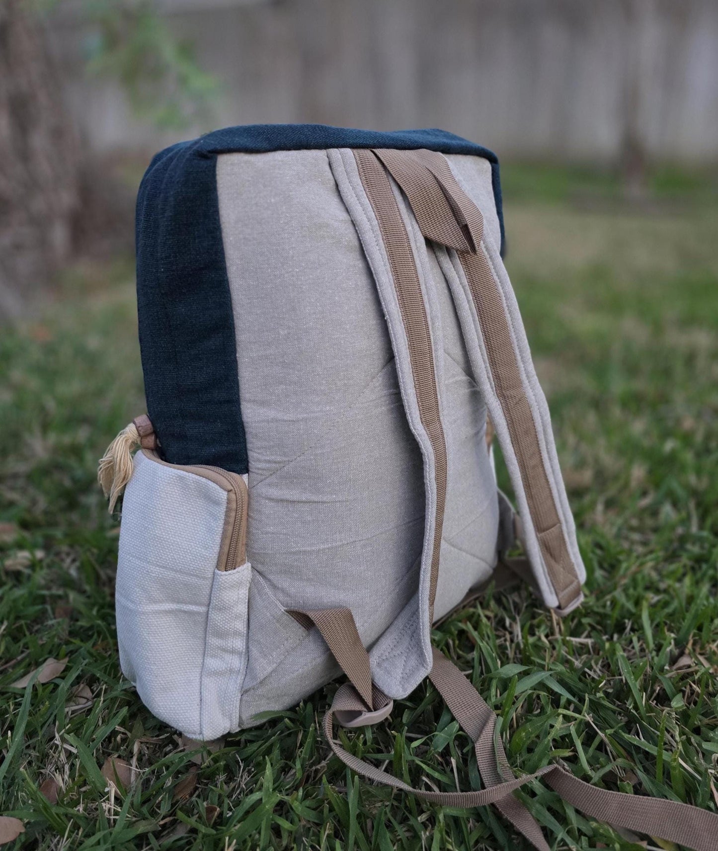 Natural Bohemian Hippy Organic Natural Cotton Gheri Handmade Vegan Eco-Friendly Box Backpack.