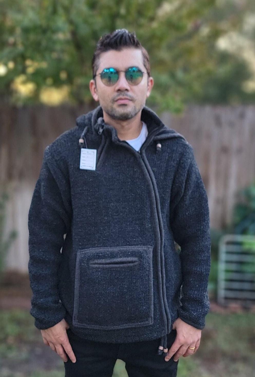 Namaste Handmade Kangaroo Pocket Fleece Lined Winter Unisex Thick Charcoal Natural Warm Pure Woolen Double Layered Jacket.