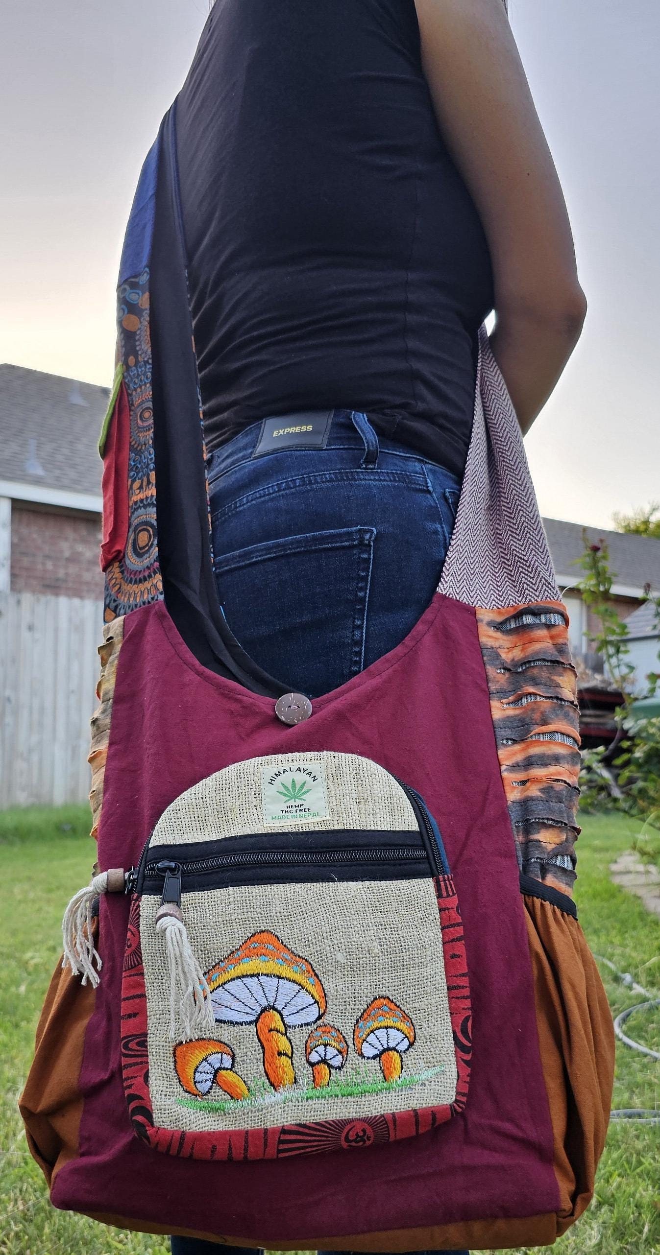 Namaste mushroom embroidery hemp unique fine cotton colorful patchwork handmade boho multi-purpose women cross body nepalese jogi bag