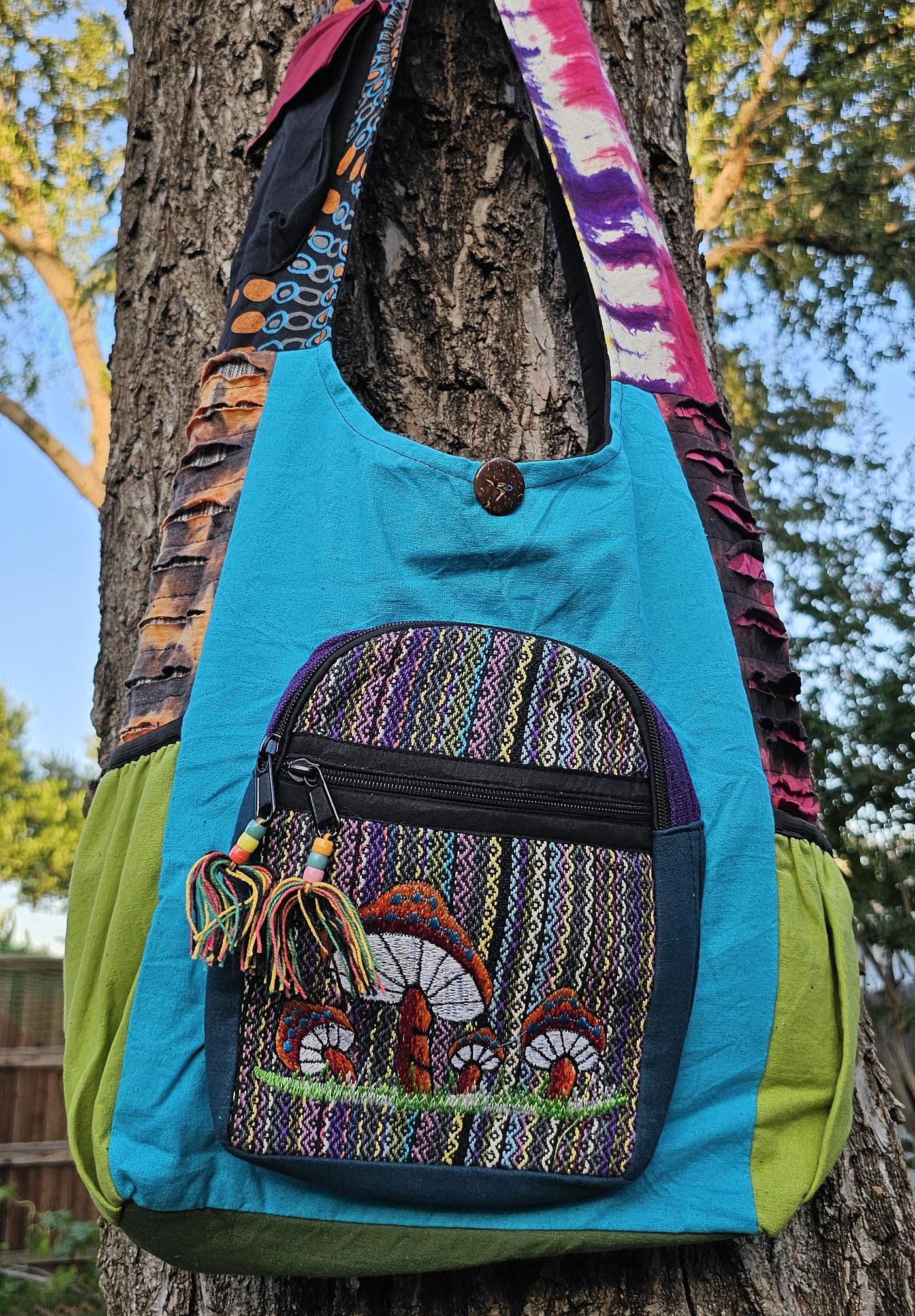 Namaste mushroom embroidery hemp unique fine cotton colorful patchwork handmade boho multi-purpose women cross body nepalese jogi bag