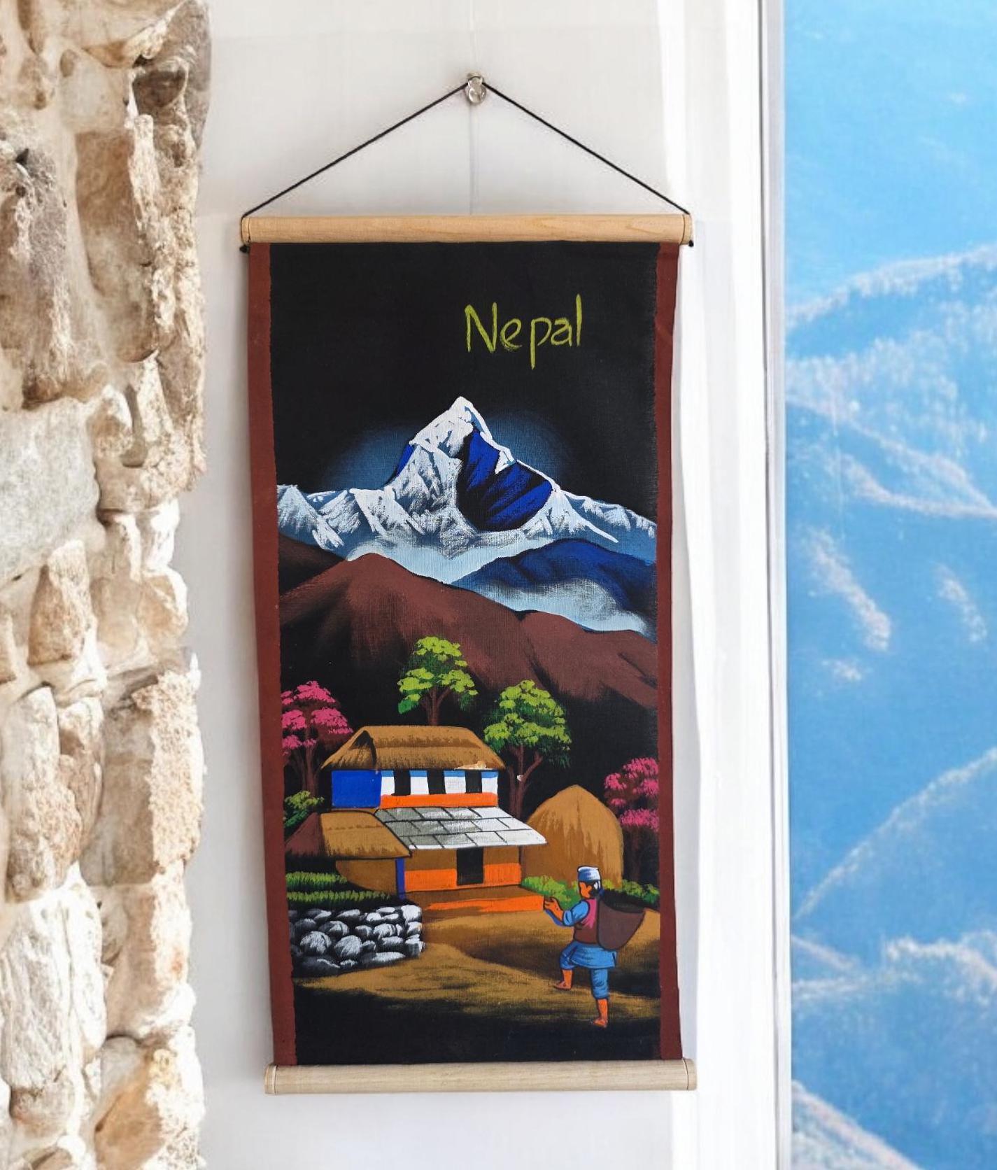 Namaste handmade mountain nepalese village authentic cloth hand-painted wall hanging artwork