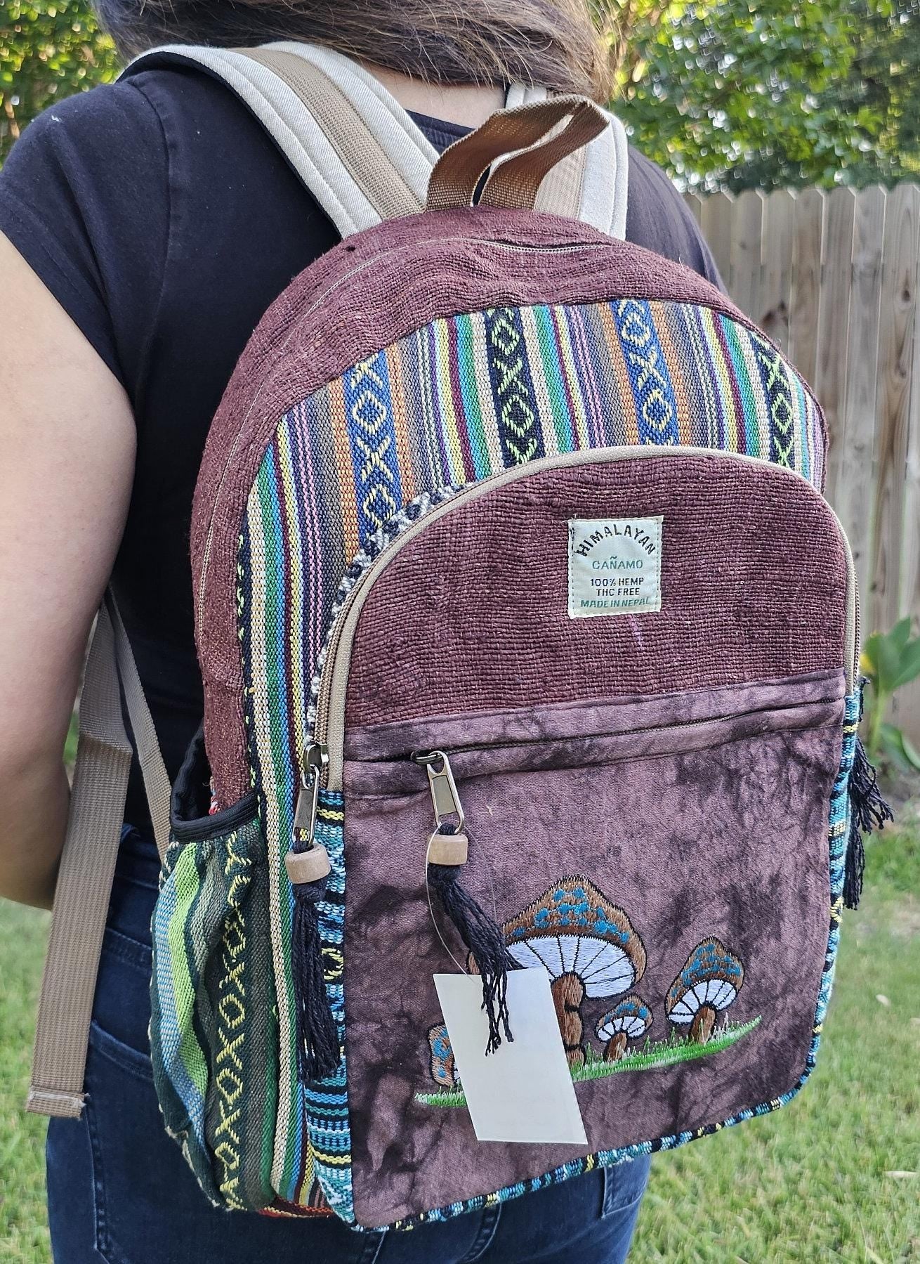 Namaste organic natural himalayan hemp with mushroom embroidery large nepalese boho hippie durable cute printed unisex backpack