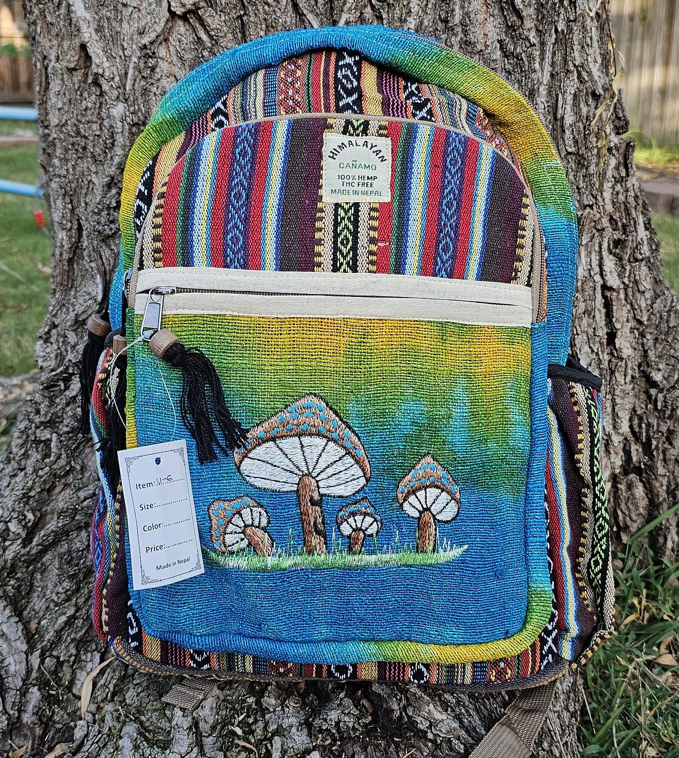 Namaste organic natural himalayan hemp with mushroom embroidery large nepalese boho hippie durable cute printed unisex backpack