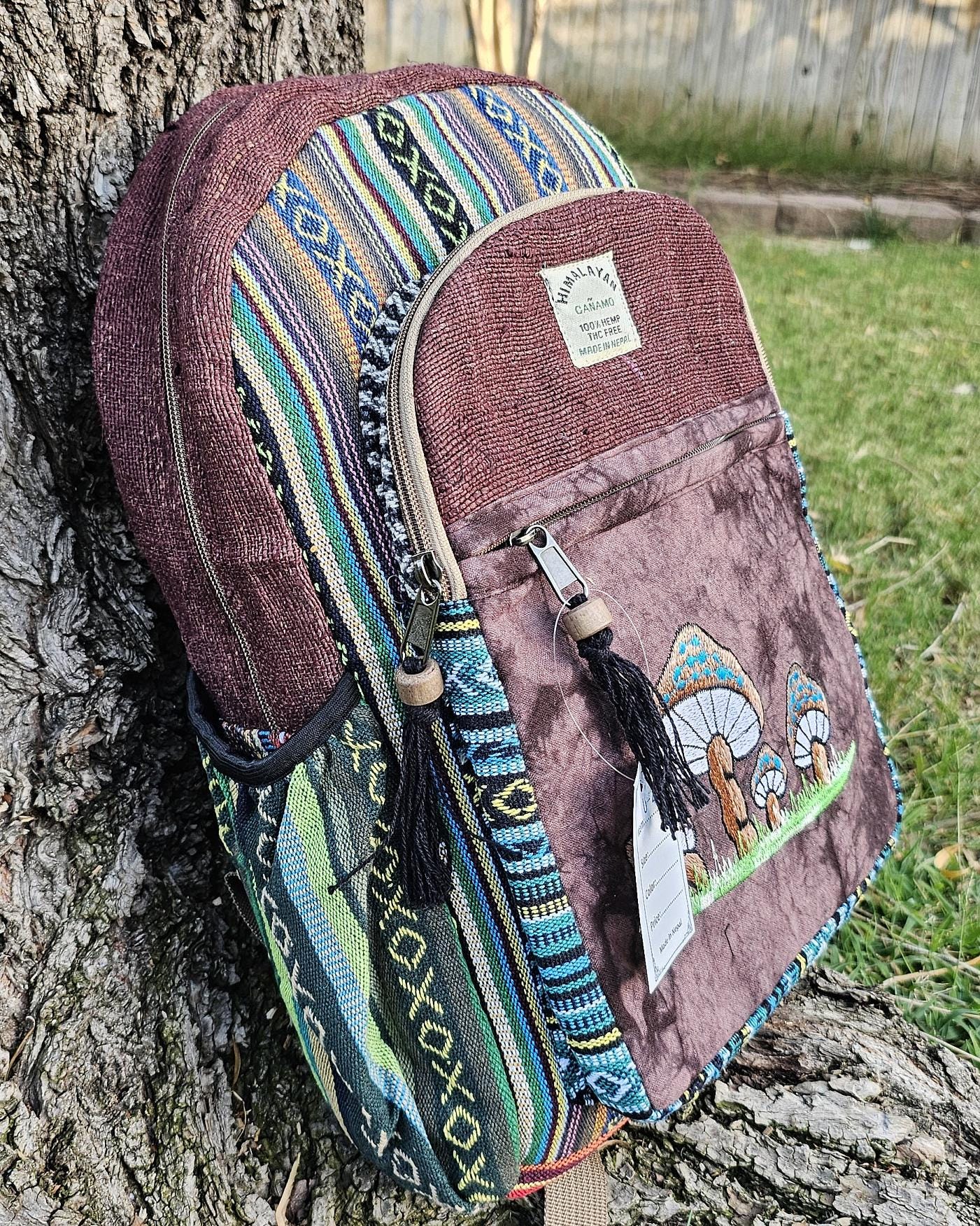Namaste organic natural himalayan hemp with mushroom embroidery large nepalese boho hippie durable cute printed unisex backpack
