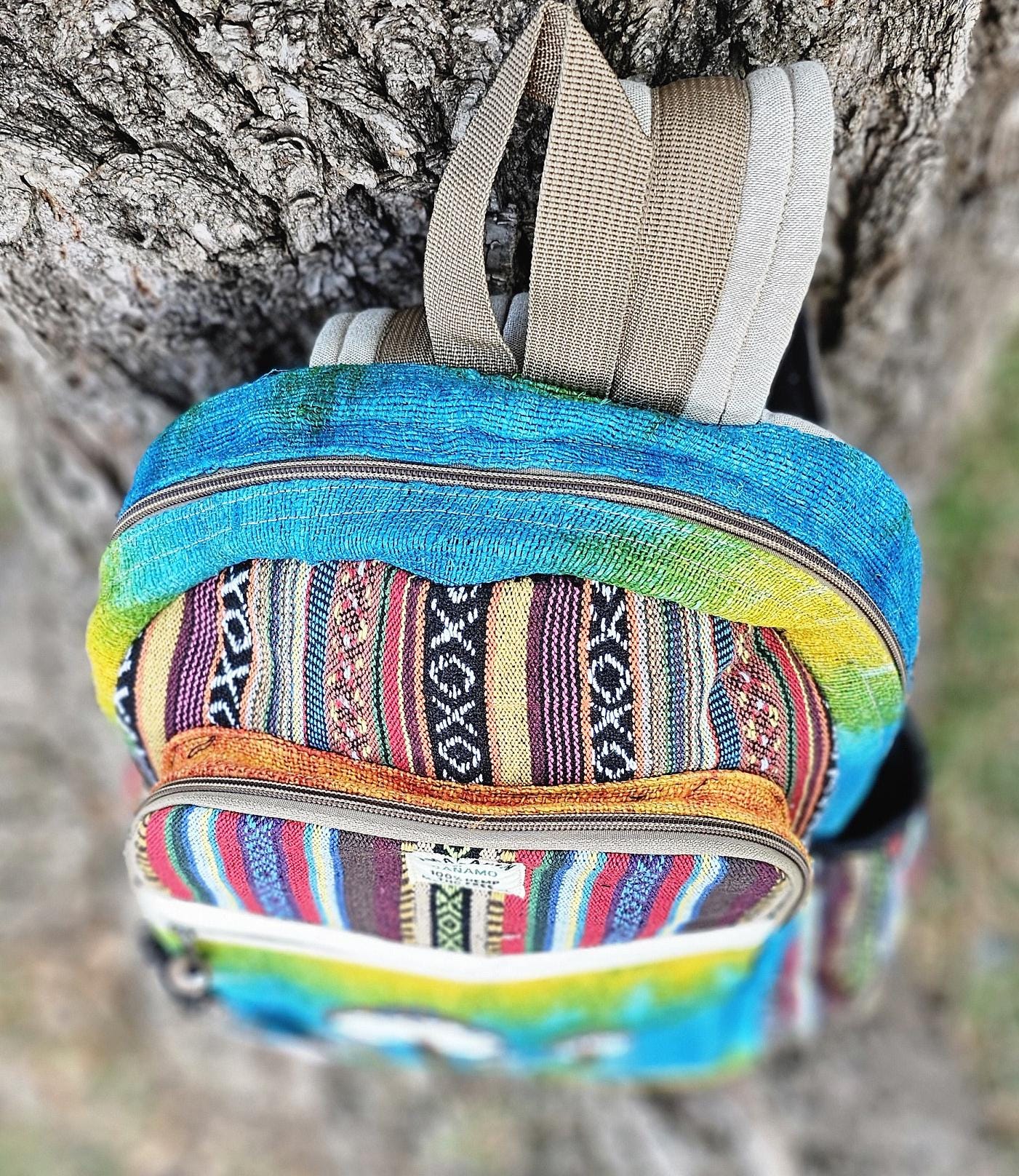 Namaste organic natural himalayan hemp with mushroom embroidery large nepalese boho hippie durable cute printed unisex backpack