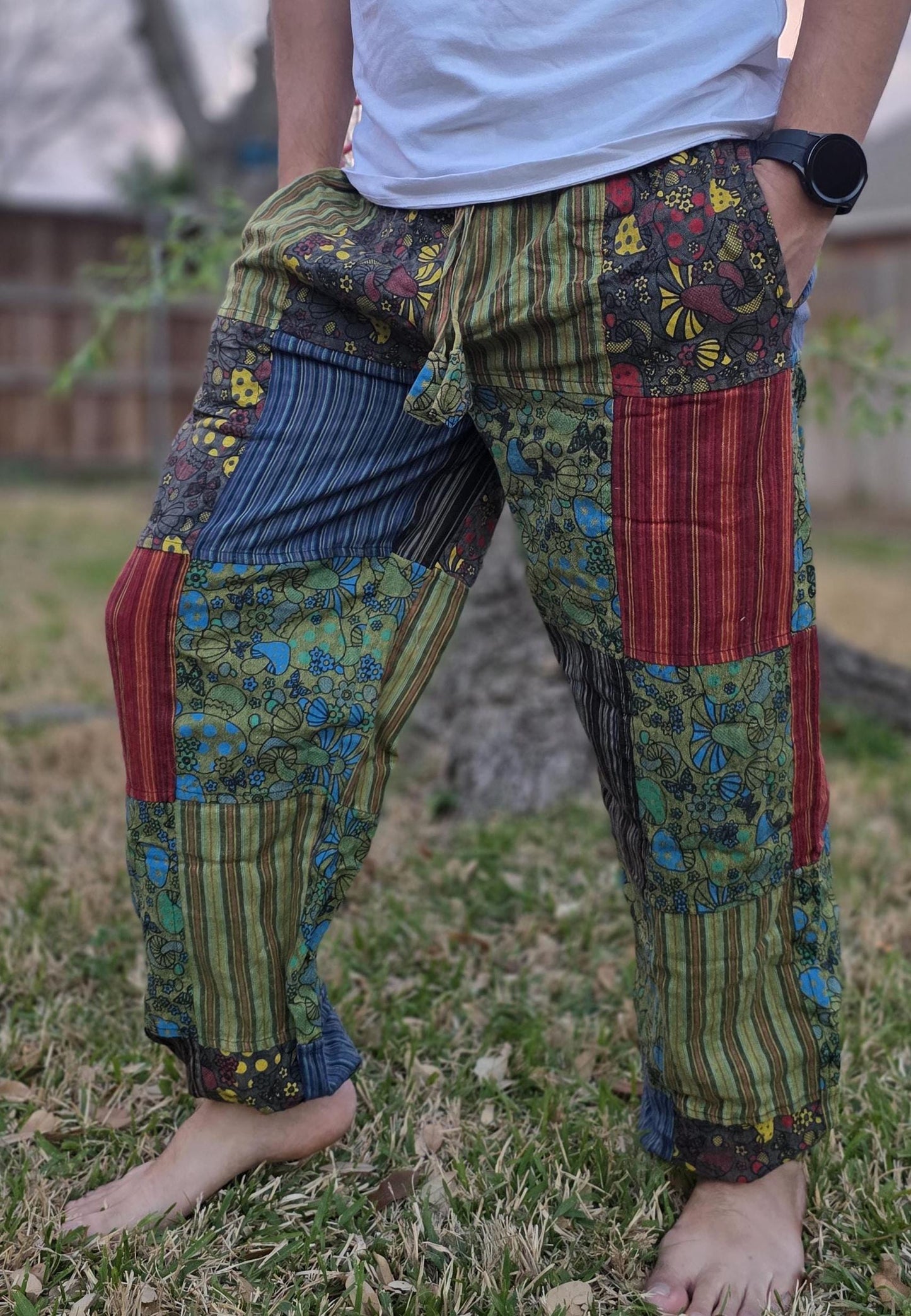 Namaste fashionable unisex multicolor handmade hippie patchwork non acidic dyed cotton boho comfy festival stonewashed yoga pants trouser