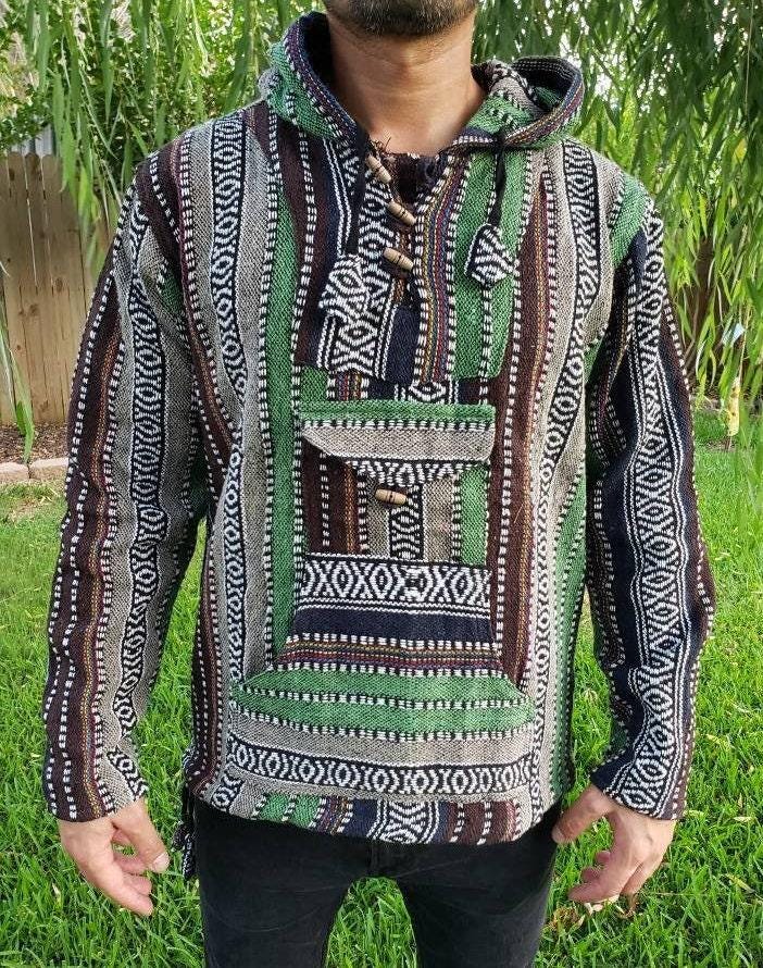 Namaste blue/green hippie unisex puncho retro multicolored baja nepalese pullover limited edition handmade fashionable gheri warm pullover
