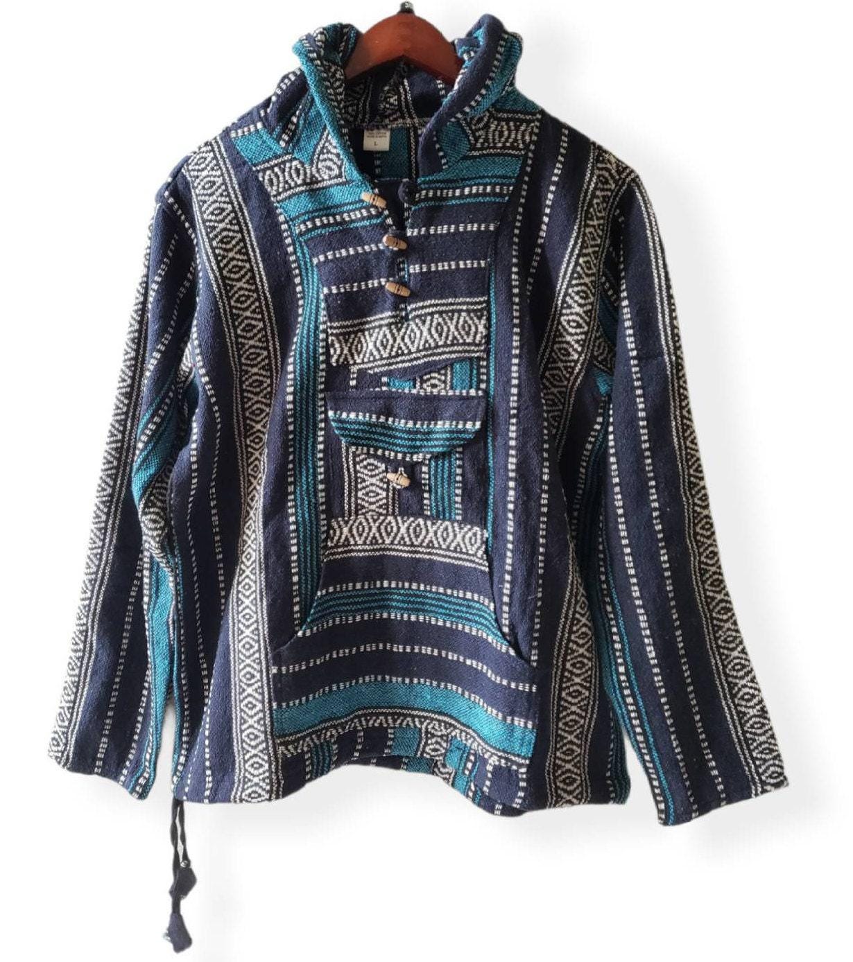 Namaste blue/green hippie unisex puncho retro multicolored baja nepalese pullover limited edition handmade fashionable gheri warm pullover
