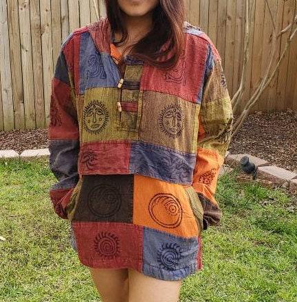 Namaste patchwork unisex handmade organic eco friendly colorful hippie cotton nepalese vegan light weight hoodie sweat shirt